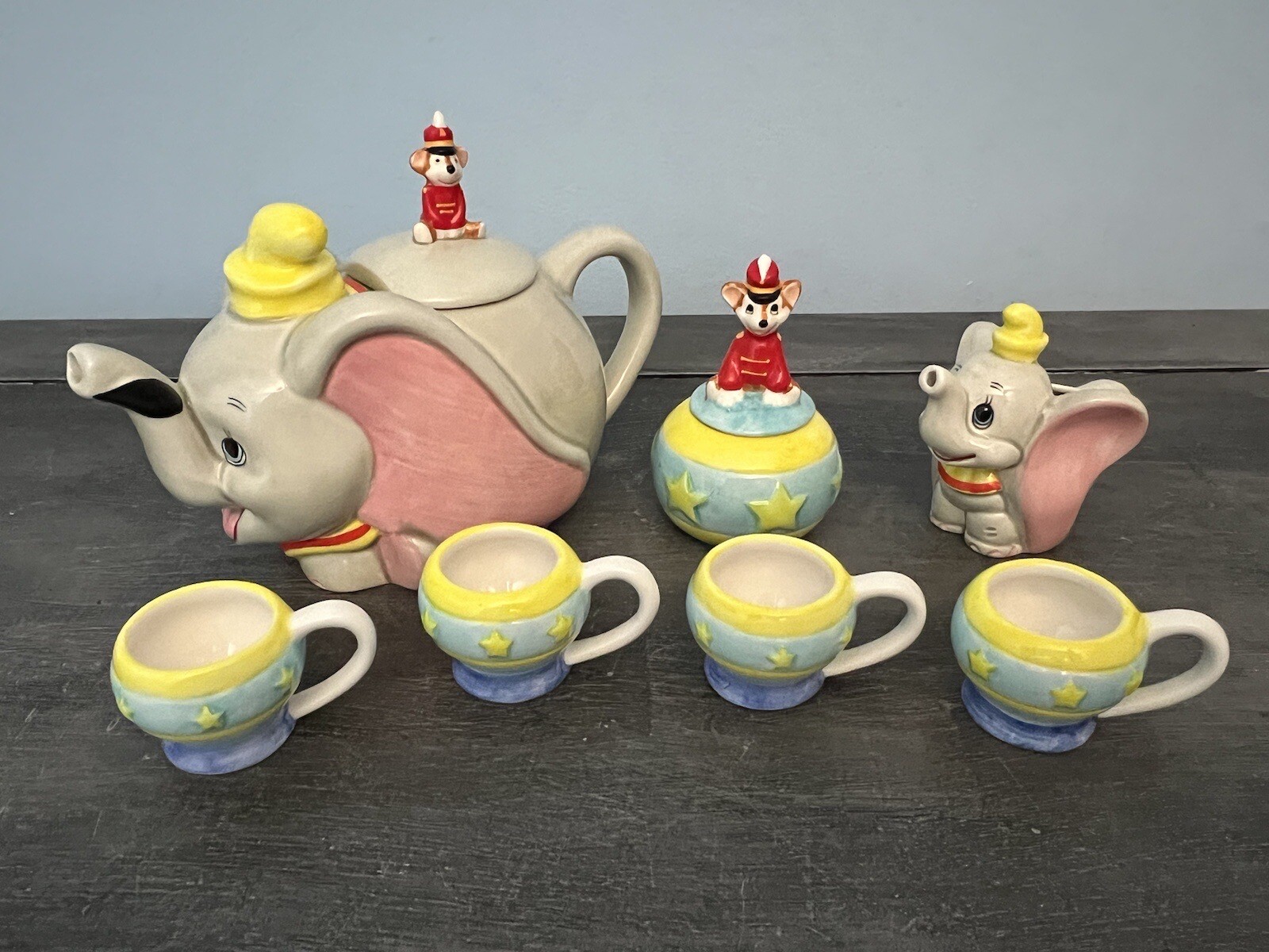 Vintage Disney Dumbo Tea Set Collectible China Teapot Sugar Bowl Cups