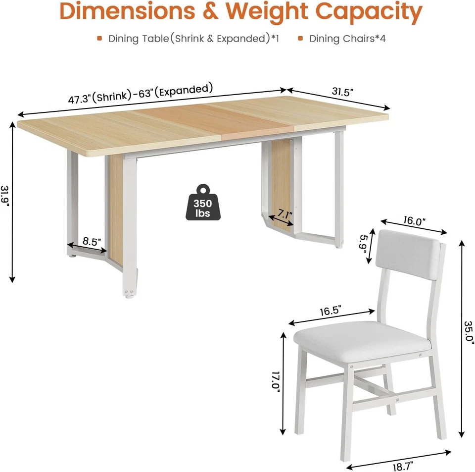 Juego de mesa de comedor de 5 piezas para 4-6 personas, mesa extensible de 63" y 4 sillas de cojín Foto 3 de 4