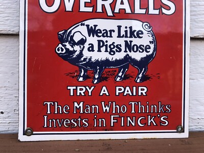 Vintage Fincks Overalls Porcelain 12” Sign Textile Factory Detroit