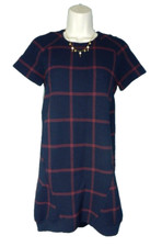 ZARA TRF Collection Navy Blue Check Short Sleeve Shift Dress Pockets Zipper, S