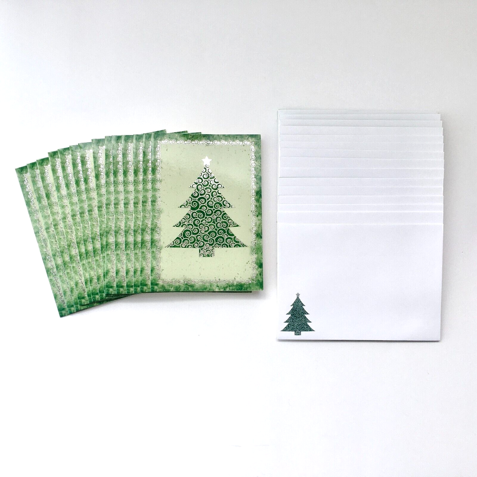 14 Peter Pauper Press Christmas Cards Tree Green Silver w/Envelopes