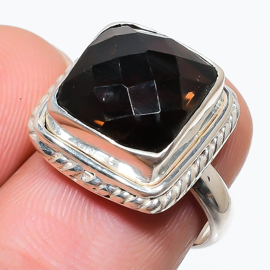 Halloween Deal Smoky Topaz Gemstone 925 Solid Silver Cluster Artisan Ring Size 6
