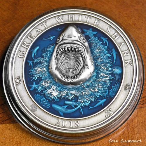 2018 Barbados - 3oz .999 silver w/ enamel resin - Great White Shark