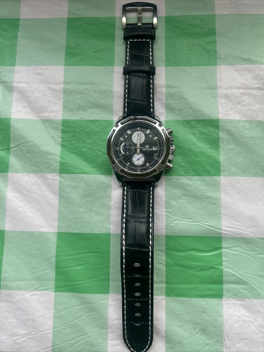 MEGIR ML2061G Herenhorloge, analoog, militaire chronograaf, lichtgevend kwartshorloge met modieuze lederen band voor sport en zakelijk werk, Blauw, Quartz horloge, chronograaf