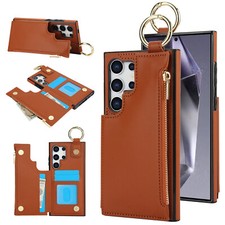Leather Zipper Card Wallet Case For Samsung Galaxy S25 Ultra S24 S23 Stand Cover