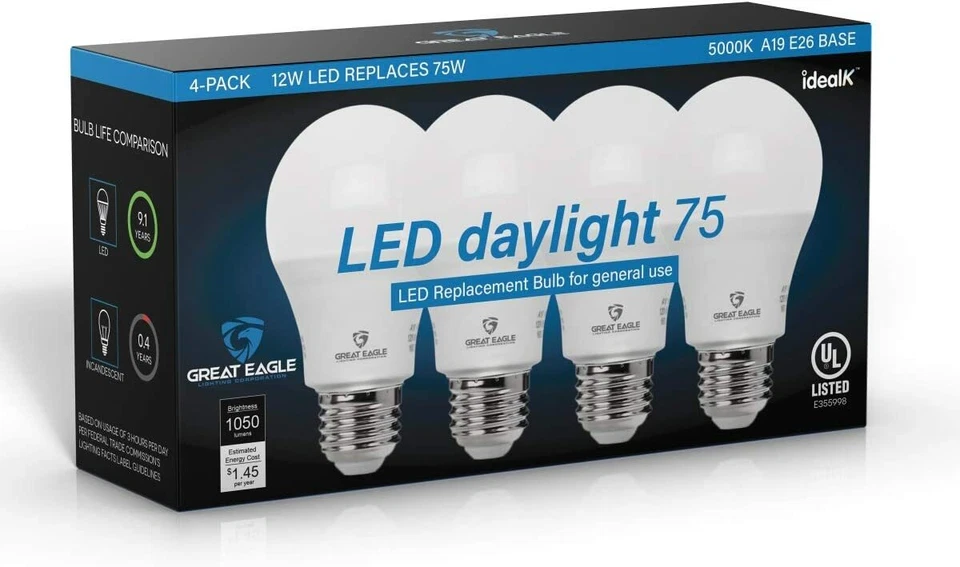 GREAT EAGLE LIGHTING CORPORATION Great Eagle A19 LED Light Bulbs 75 Watt, Daylight 5000K, 1050 Lumens