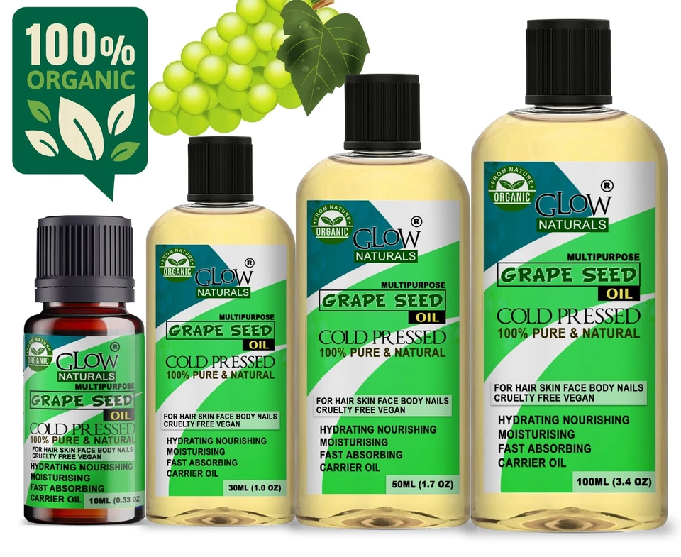 GLOW NATURALS GRAPESEED OIL 100% Pure Organic Natural Cold Pressed Unrefined Skin Hair Face UK