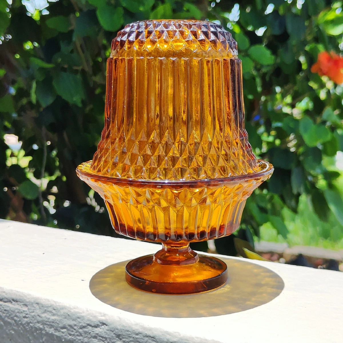 Vintage Indiana Glass Amber Diamond Point Fairy Lamp Light