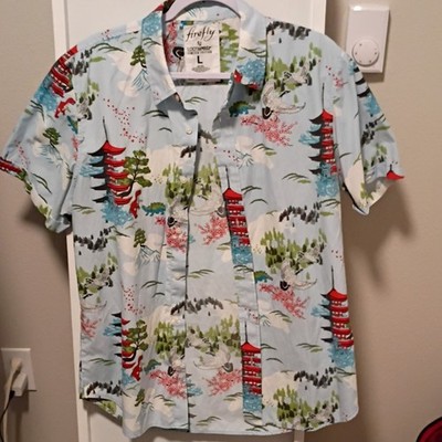 Firefly Men's L Graphic Print Button-Up Shirt Light Blue Red Green Short Sleeve