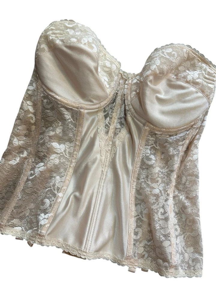 Corsé Bustier Vintage Años 80 90 Encaje Rosa Melocotón Deshuesado Floral Lencería PinUp 38 C Foto 2 de 4