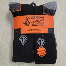 New Volcom Mega 6-Pack Workwear Active Full Cush Ribbed Crew Socks Size 6-12