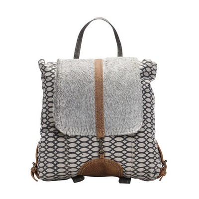 Myra Bag Honey Bee Print Backpack Bag Upcycled Canvas & Cowhide/Fur S-1162