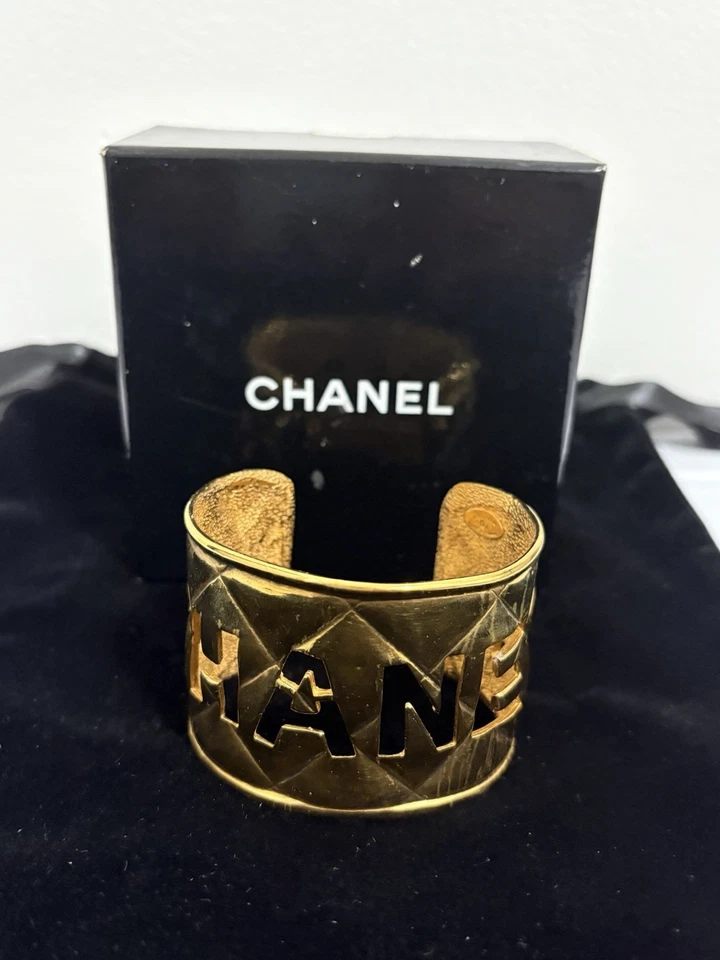 Vintage Chanel Gold-Plated Brass Cuff Bracelet with Bold Cut-Out Logo - Image 3 of 4