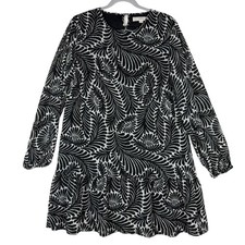 LOFT Dress Womens Medium Black Floral Long Sleeve Ruffle Hem Lined Swing Party