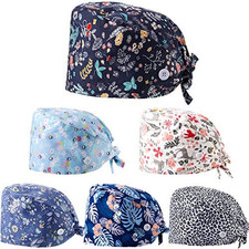 6 Pieces Women Scrub Caps Surgical Caps with Buttons Working Adjustable Sweatban