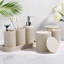 6PC Modern Beige Bathroom Set Toothbrush Holder Soap Dispenser Tray Tumbler Jar