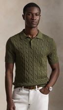 NWT Polo Ralph Lauren OLIVE Cotton Cable Knit Polo-Collar Short Sleeve Sweater