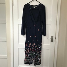 Fat Face Midi Dress Womens Size 14 Navy Blue Floral 3/4 Sleeve A Line Viscose