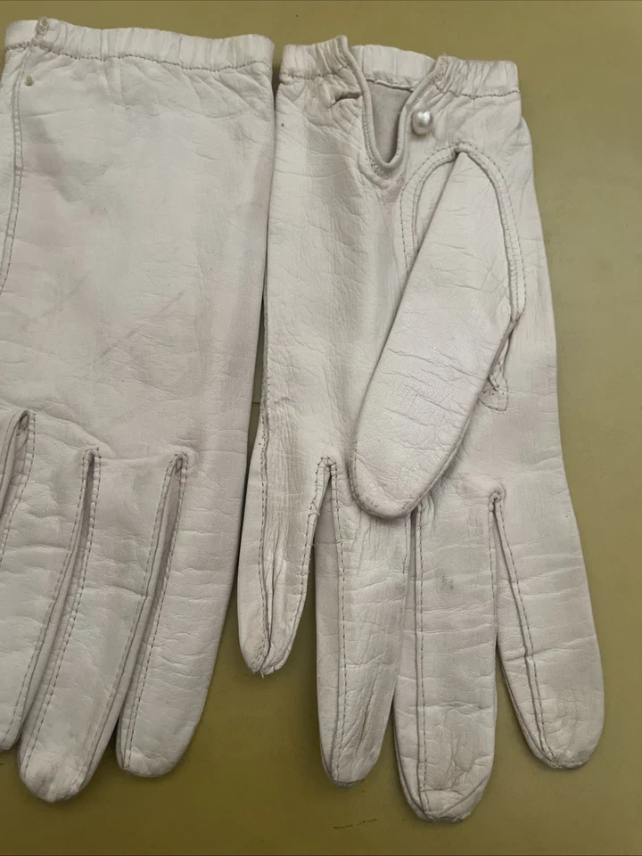Guantes de muñeca de cuero beige con acento de botón, guante de conducción elástico lavable talla. 7 Foto 4 de 4