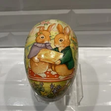 Vintage Large 6" German Paper Mache Easter Egg  Bunnies With Box Of Chocolates