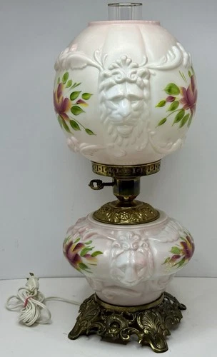 Antique Victorian Pink Painted Milk Glass Parlor Lamp With Lions Heads 20” 3-Way