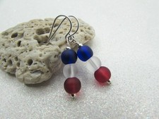 Nautical Red White and Blue Sea Glass Earrings- Sterling Silver Seaglass Jewelry