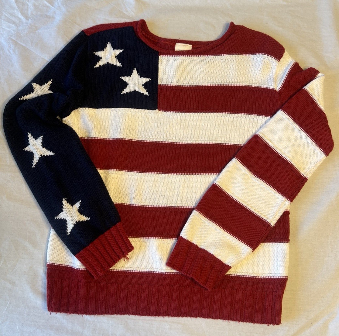 VTG  Newport News Collection USA Patriotic Flag Knit Sweater L FLAW