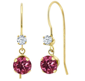 Authentic 925 Yellow Gold Plated Silver 1.10 Ct Round Pink Tourmaline Hook Dangle Earrings