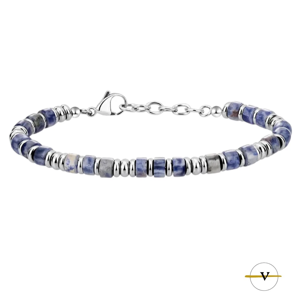 BRACCIALE UOMO DONNA ACCIAIO INOSSIDABILE E LAPISLAZZULI PIETRE DURE NATURALI - Immagine 3 di 4