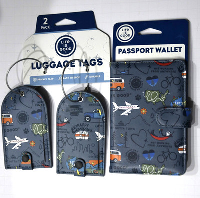 NEW Life is Good Passport Holder & Luggage Tags 3 Piece Travel Set Happy Camper