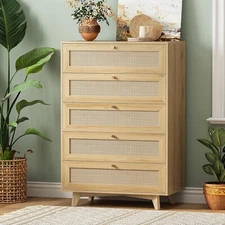 Rattan Dresser for Bedroom with 5 Drawer, Double Wooden Tall Bedroom Dresser