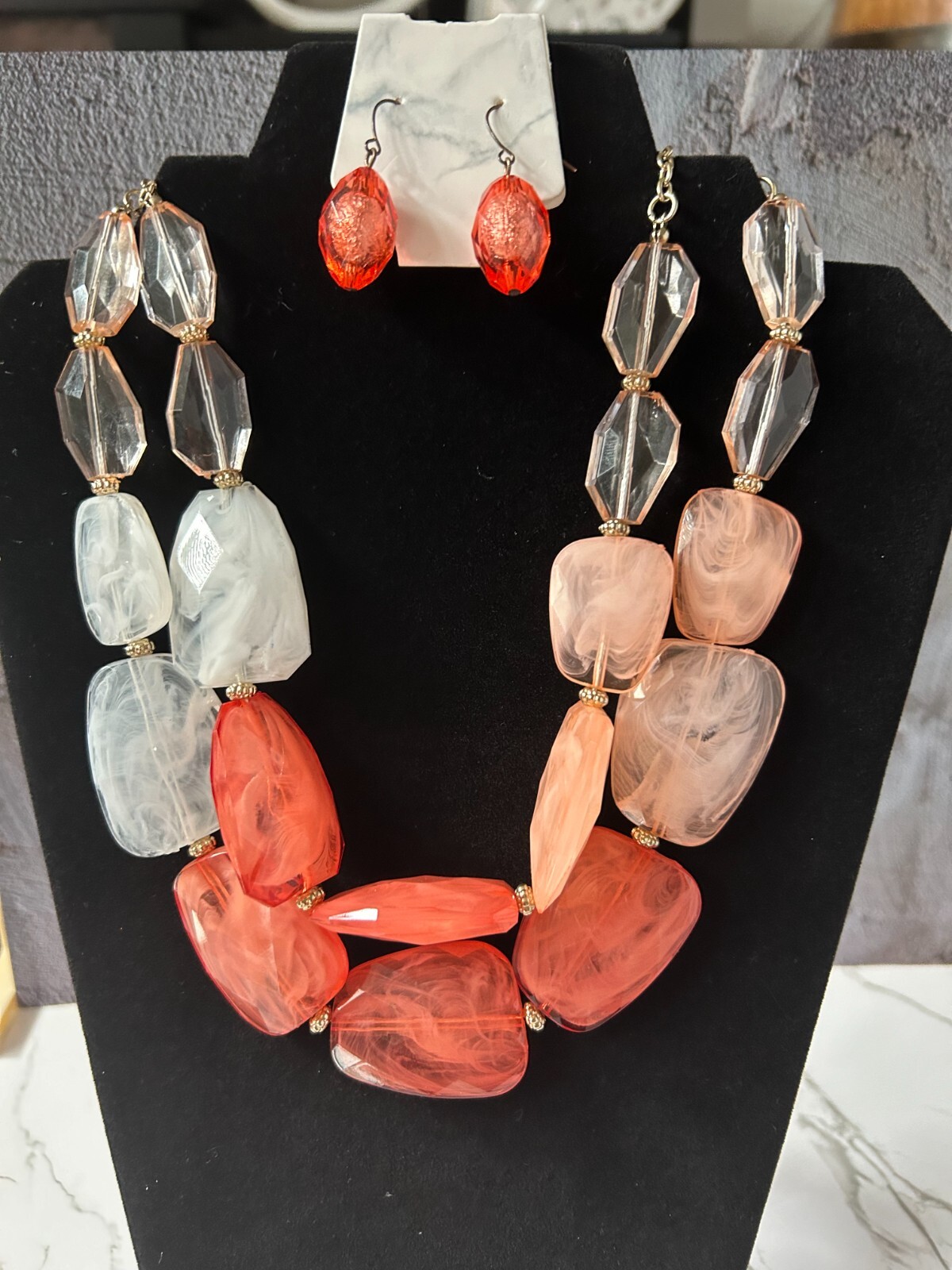 Large Chunky Necklace With Rectangular Coral And … - image 1