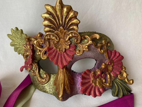 Katherine's Collection Masquerade Mask Mardi Gras Purple Green Gold Glittery - Picture 2 of 6
