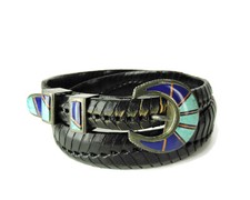 Vintage Multi-Stone Inlay Sterling Silver Ranger Set Leather braided Belt 34