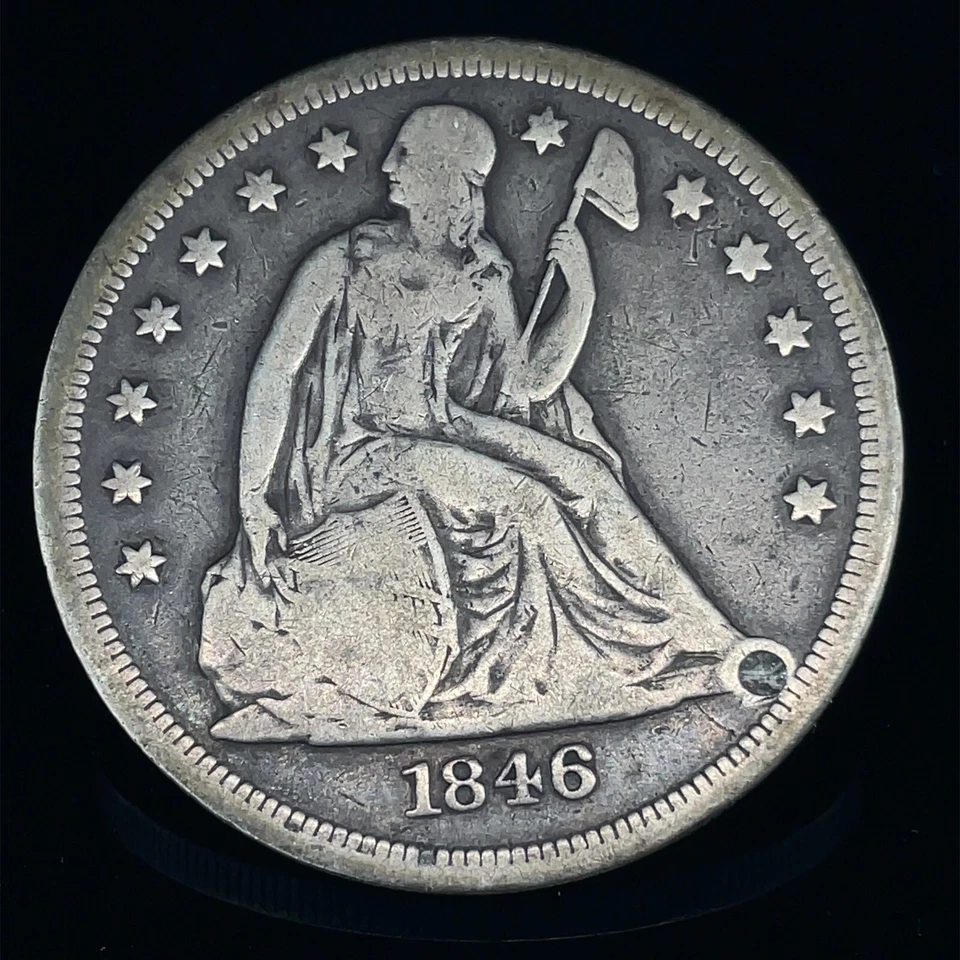 Dólar de plata libertad sentada 1846-O $1 - Detalles en estado bastante bueno - Reparado - Moneda rara Foto 3 de 4