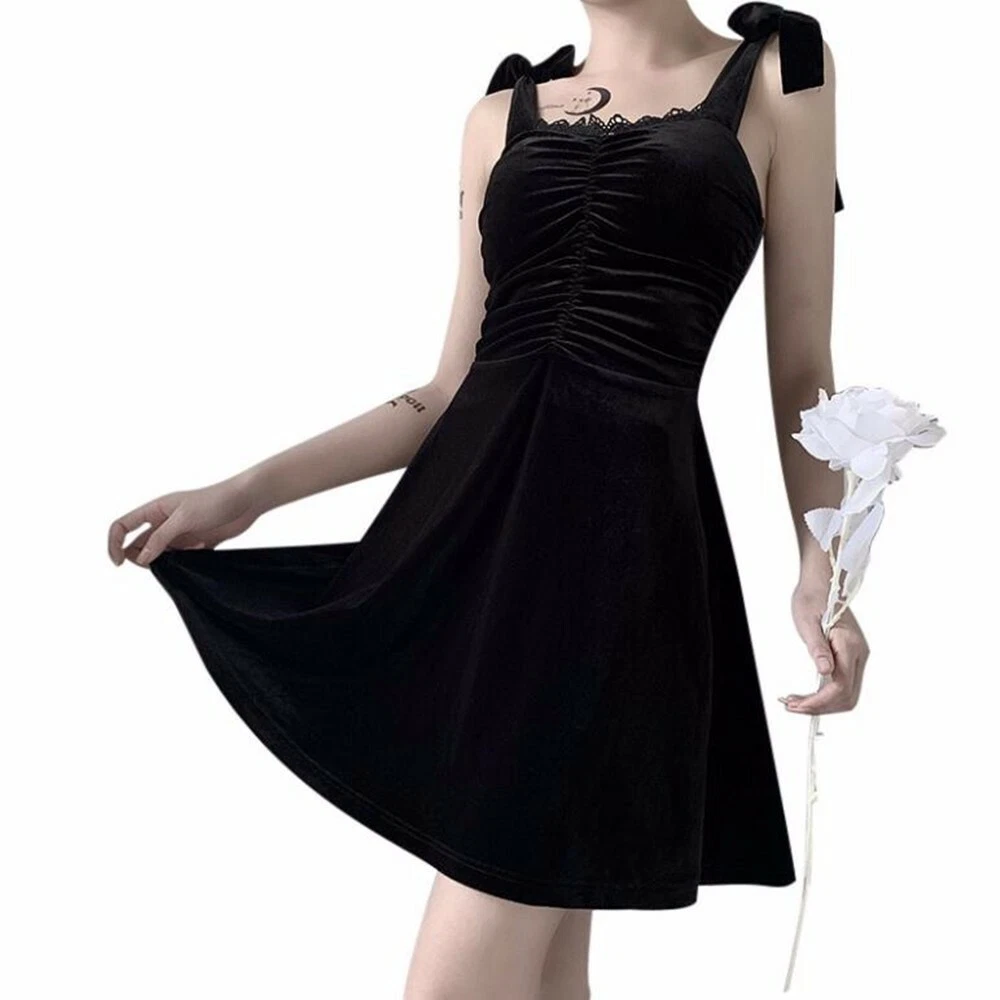 Womens Punk Short Slip Dress Gothic Velvet Spaghetti Strap Flared Black Dresses