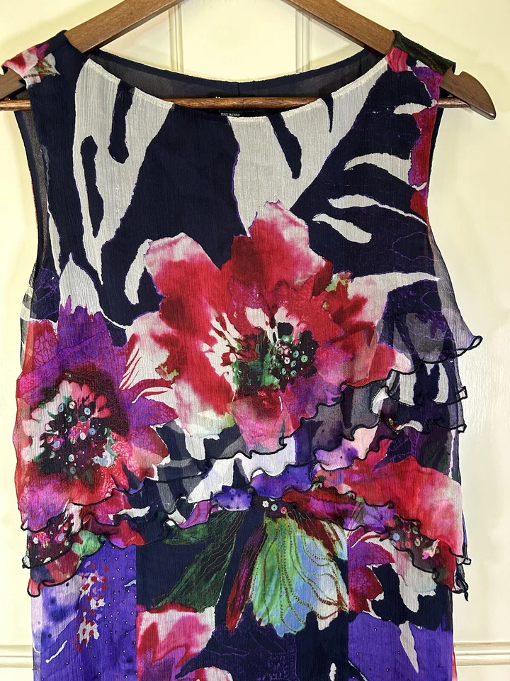 Vestido Vaina Floral Seda Worth New York Para Mujer Talla 8 Púrpura Rosa Bufanda Volantes Foto 3 de 4