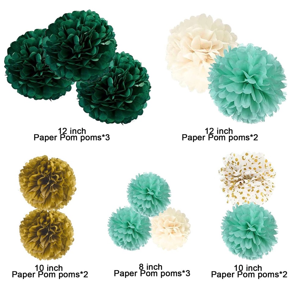Paper Pom Poms Green Gradient White Gold Dot Tissue 12 Pcs Party Decor