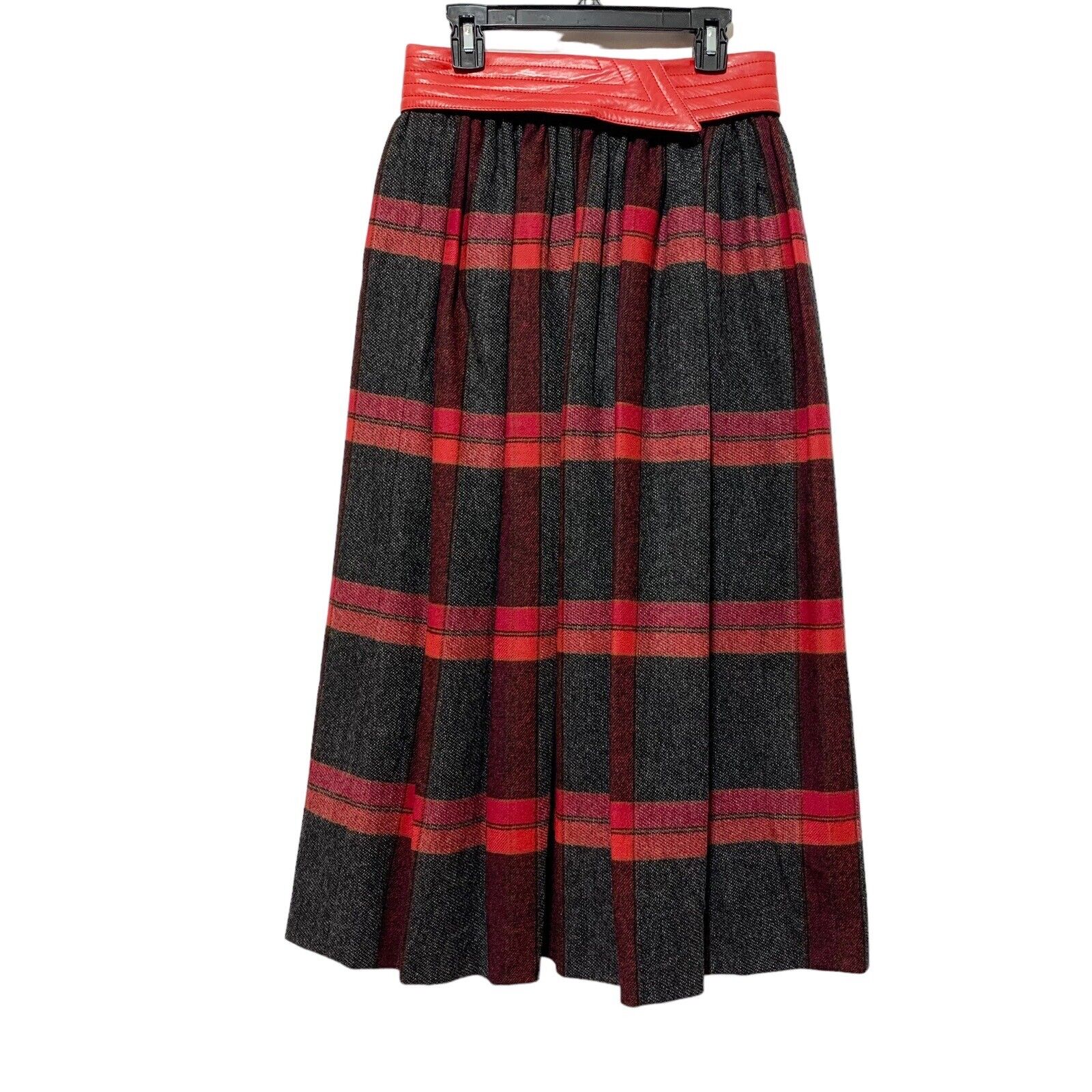Escada Plaid Wool Pleated Midi Skirt leather belt… - image 1