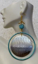 Large Teal Hoop Silver Rain textured Disk Center Drop 4" Earring Dangle Hook