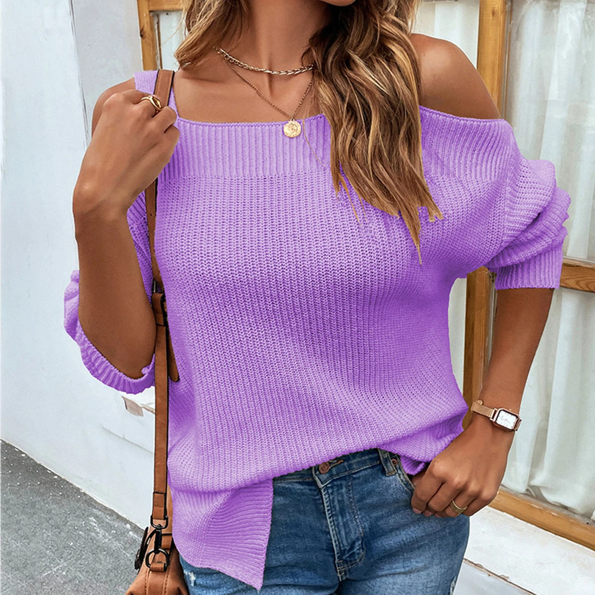 Purple cold shoulder sweater clearance