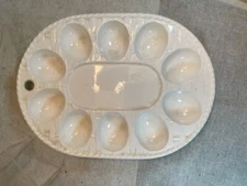 Egg Platter White Ceramic Weave Pattern Vintage Oval Deviled Egg Red Beet MCM
