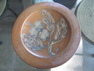 Vtg 1999 Rock Hard Studio Stoneware Plate signed Hand Made 10'' Leaves Folk Art