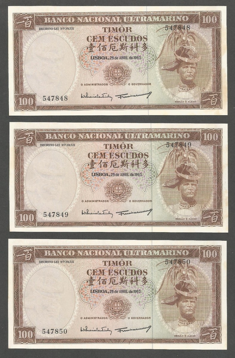 【未開封】松本城 通行手形 百年欅 Timor 100 Escudos 25.4.1963; UNC; P-28a, BNB-B130a; Lot of 3