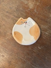 August Ceramics 3&rdquo; Mini Yellow White Cat Dish Tea Bag Spoon Rest Trinket Holder