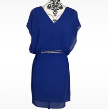 Warehouse Spotlight Blue Chiffon Dress UK 14 V Neck Embellished Waist