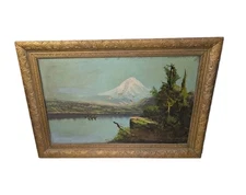 Huge Antique Victorian 1890s Oil on Canvas w Original Frame ~Mount RAINIER 43x29
