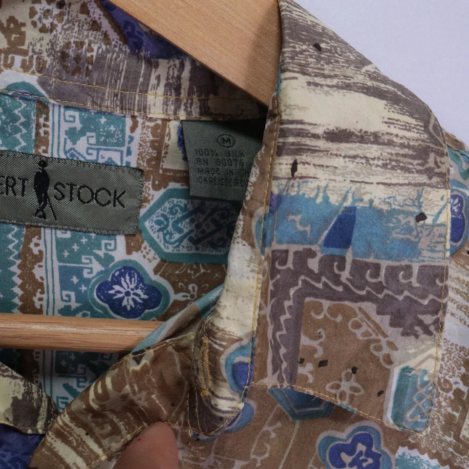 Camisa Robert Stock Seda Para Hombres M Abstracta Estampado Completo Abotonada De Colección Playa Foto 4 de 4