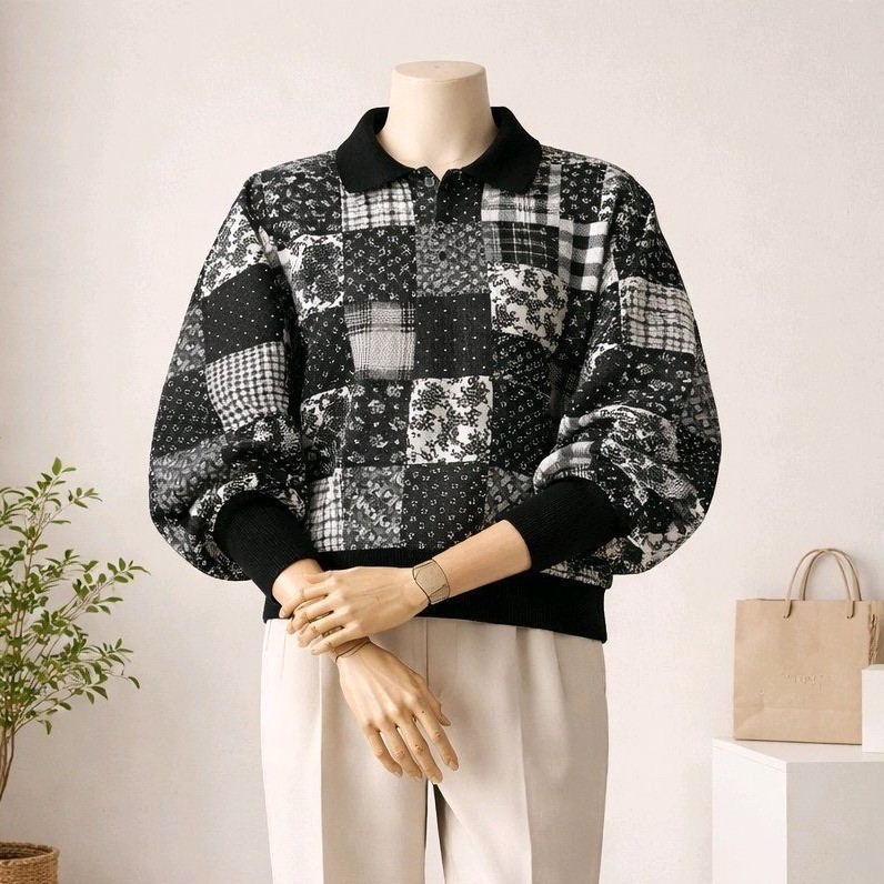 SFO San Francisco Originals Vintage Patchwork Polo Sweatshirt Black White Medium