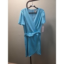 London Times Dress Size 16 Blue Atoll Faux Wrap Belted Puff Sleeve Knee Length